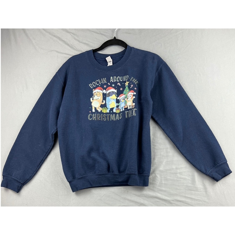 Gildan Bluey Christmas Sweatshirt Women Small Navy Rockin Around Tree Fair